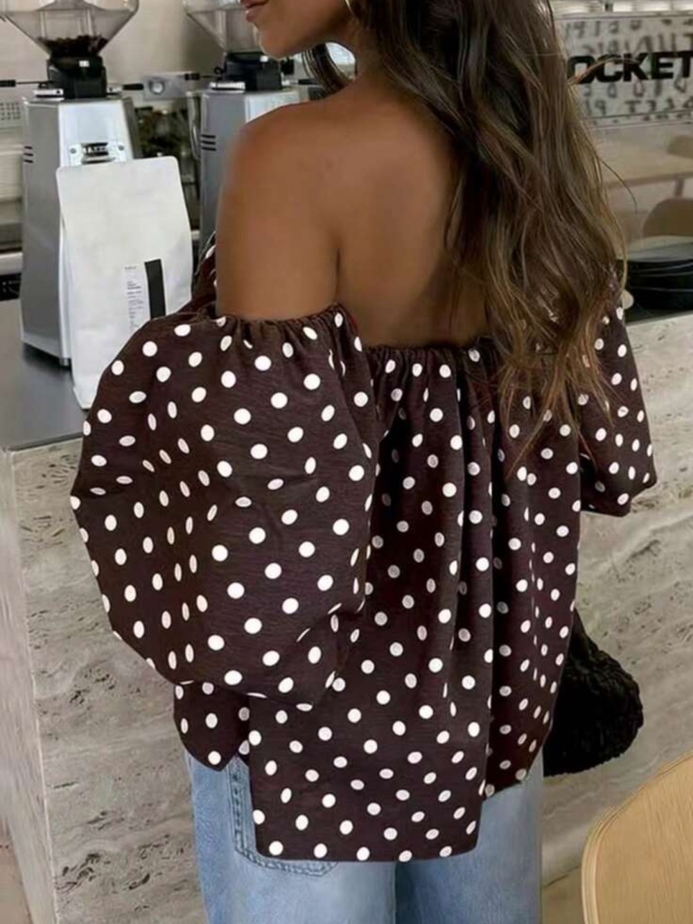 Plus Size Women's Polka Dot Color Woven Fabric Backless Ruffle Off-Shoulder Top, - Picture 2 of 4